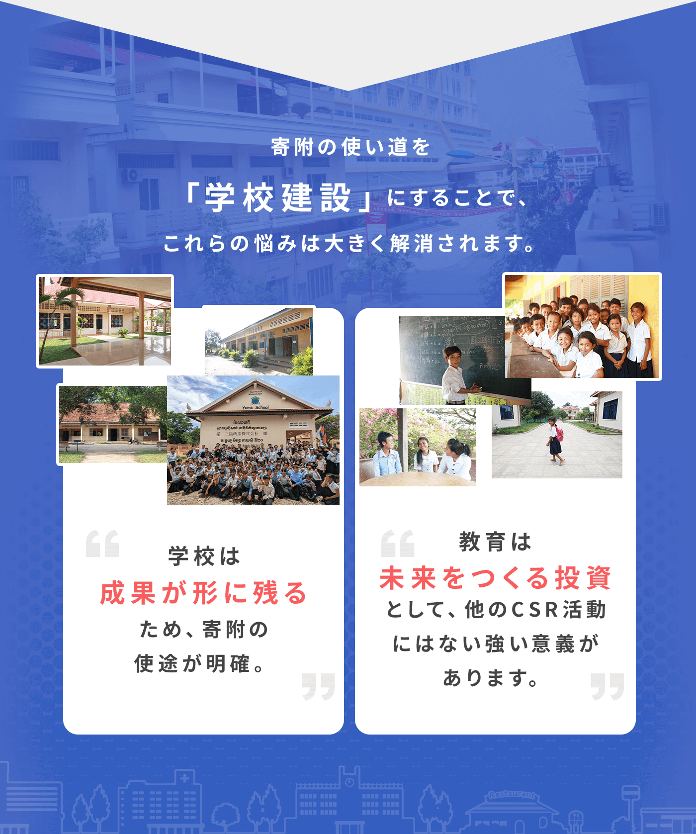 寄附の使い道を「学校建設」にすることで、これらの悩みは大きく解消されます。